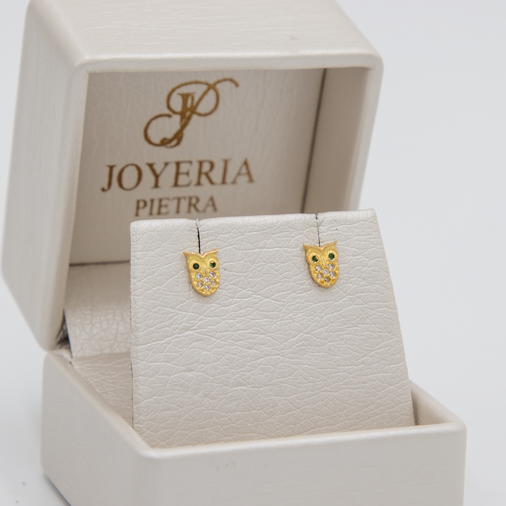 Topos Búho - Circones Verdes  y Blancos - Oro Amarillo 18k - 1,05 g