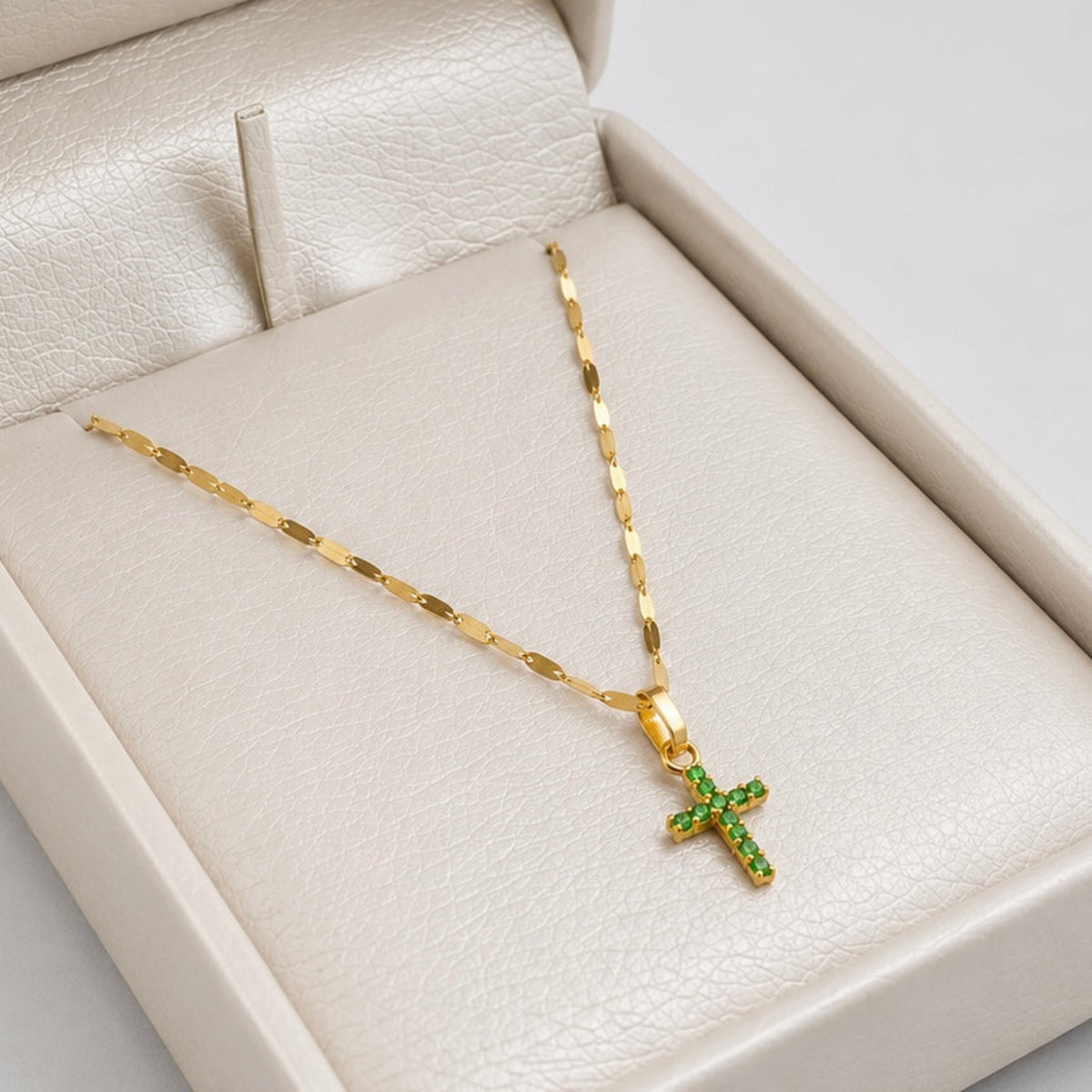 Set Cadena Crispeta Espejo 45 cm + Dije Cruz Verde - Oro Amarillo 18K