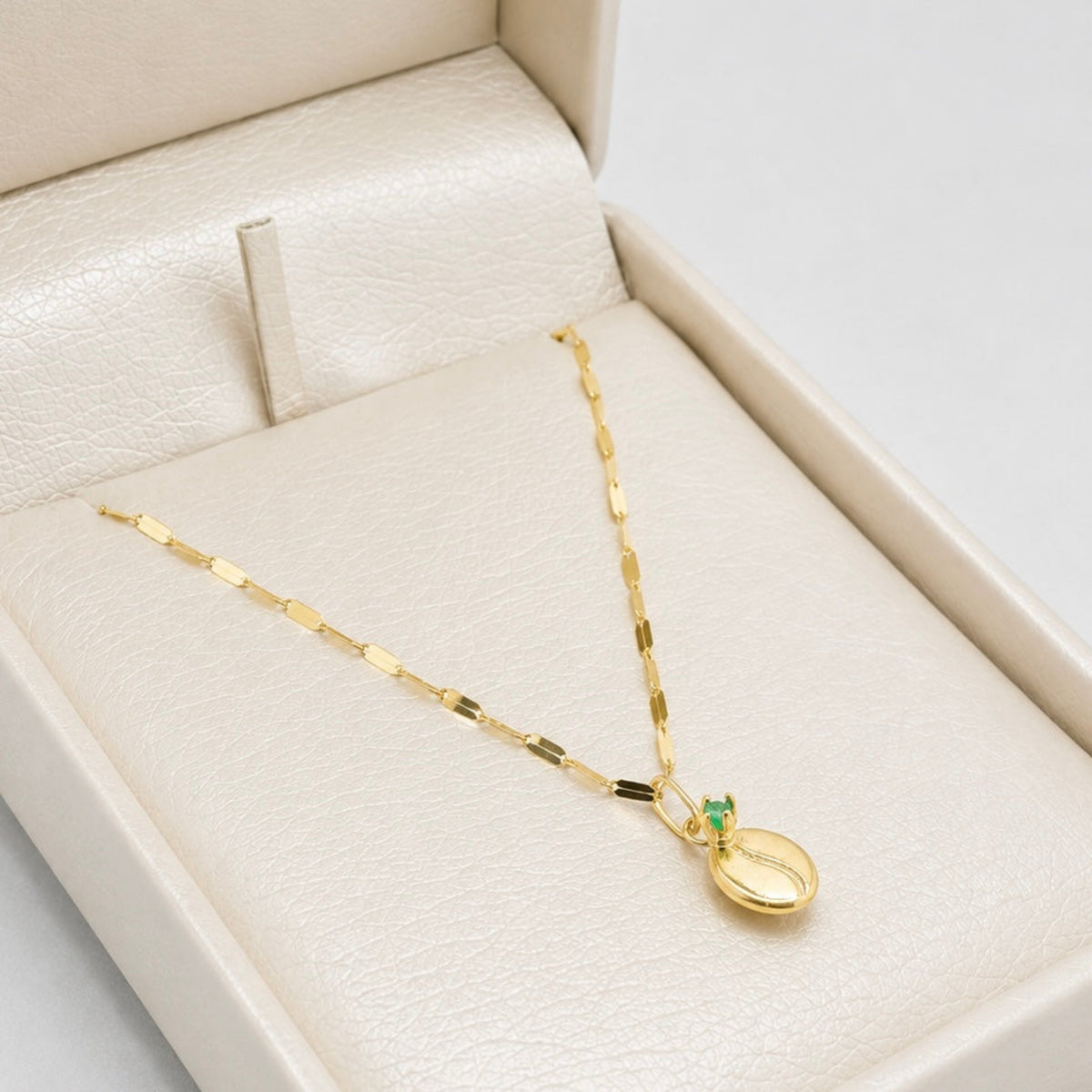 Set Cadena Crispeta Espejo 45 cm + Dije Grano de Café Circón Verde - Oro Amarillo 18K