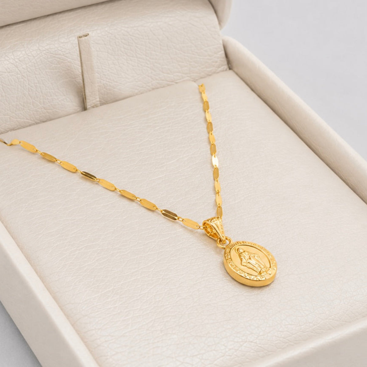 Set Cadena Crispeta Espejo 45 cm + Dije Virgen Milagrosa - Oro Amarillo 18K