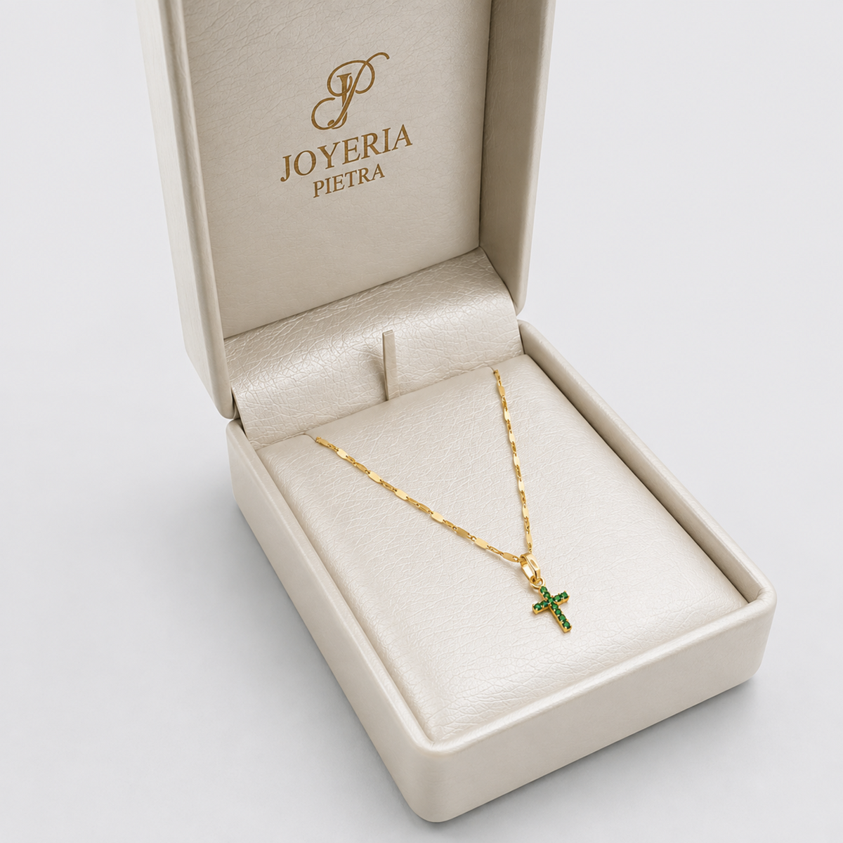 Set Cadena Crispeta Espejo 45 cm + Dije Cruz Verde - Oro Amarillo 18K