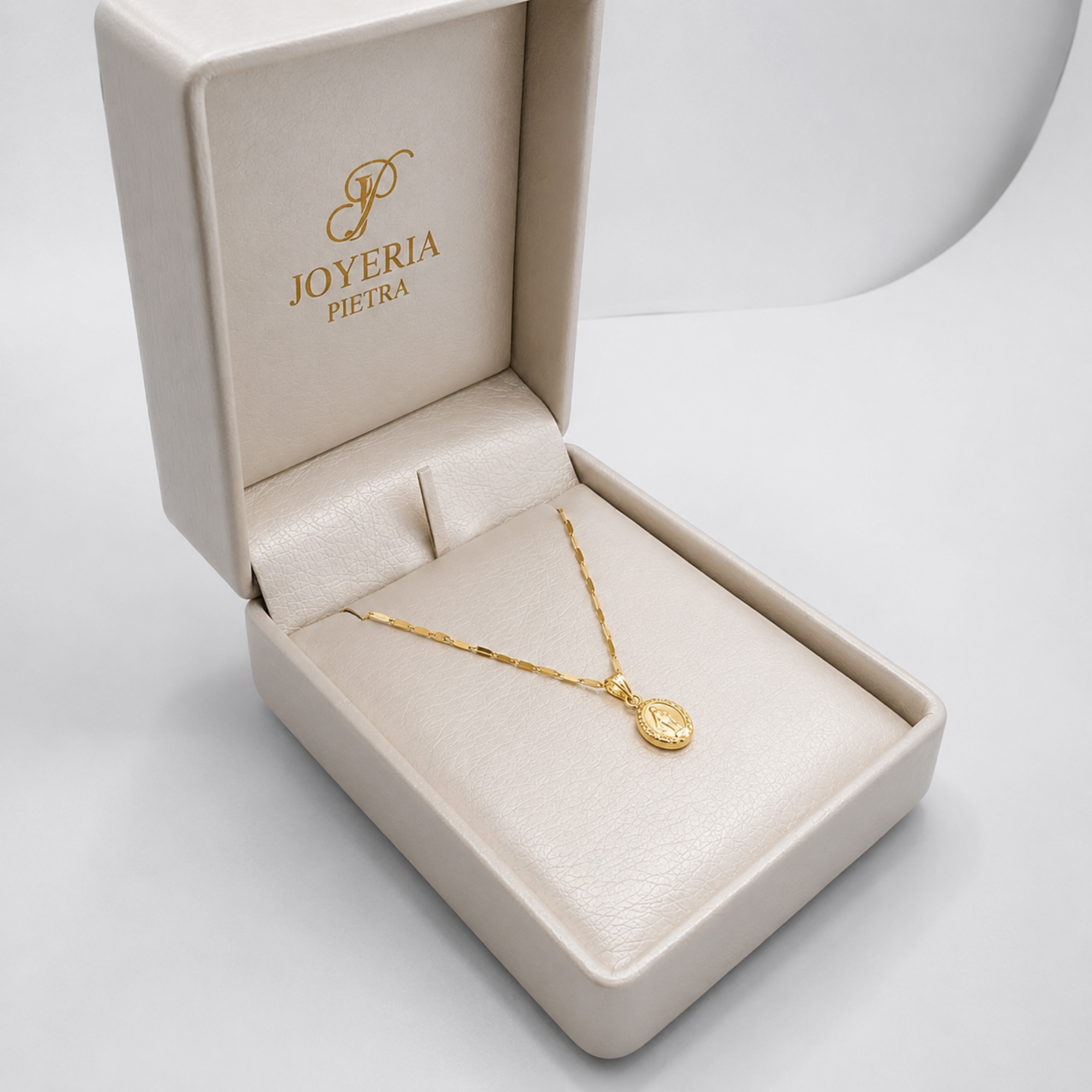 Set Cadena Crispeta Espejo 45 cm + Dije Virgen Milagrosa - Oro Amarillo 18K